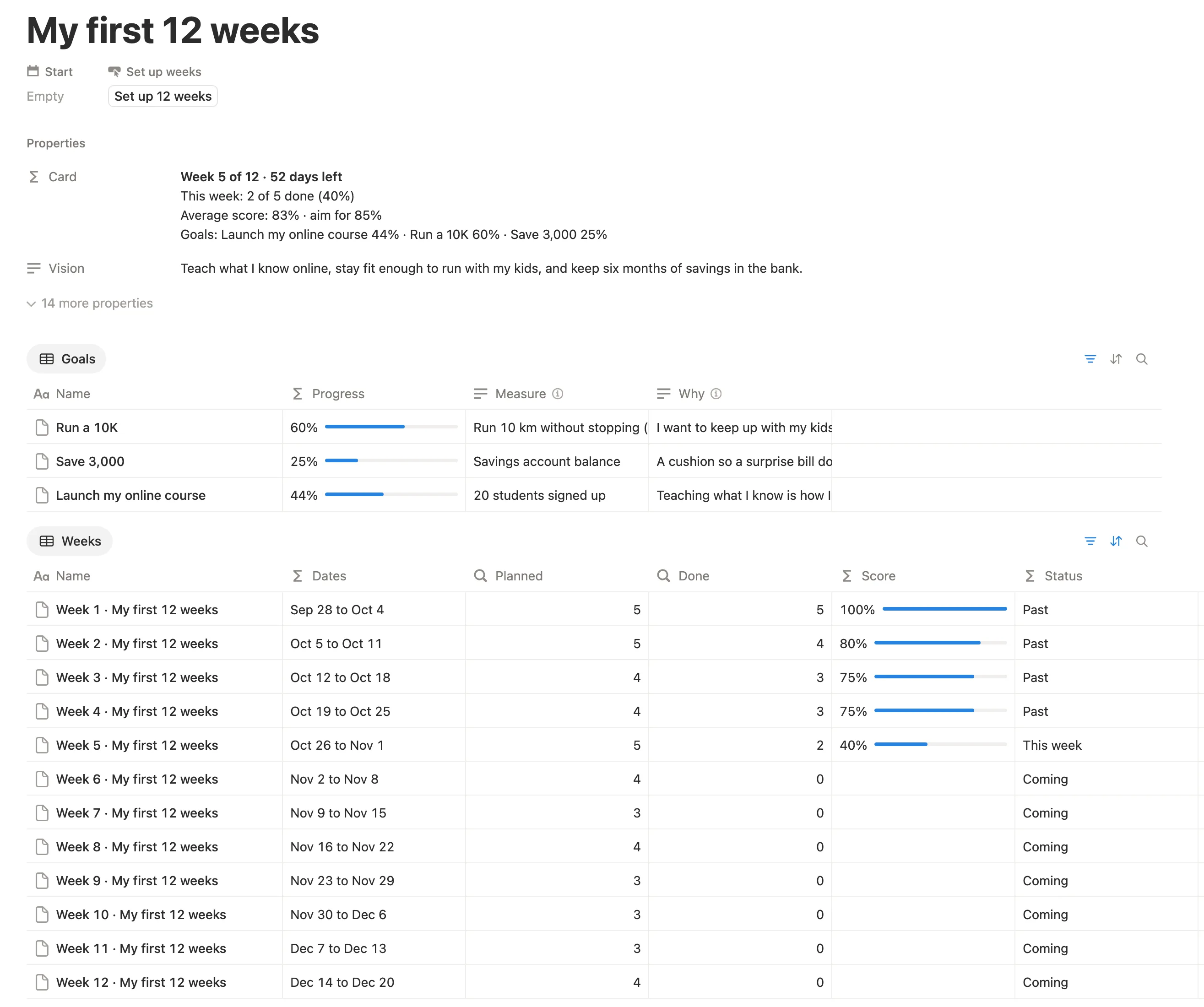 The My first 12 weeks cycle page with its card, vision, goals and weeks marked Past or Coming