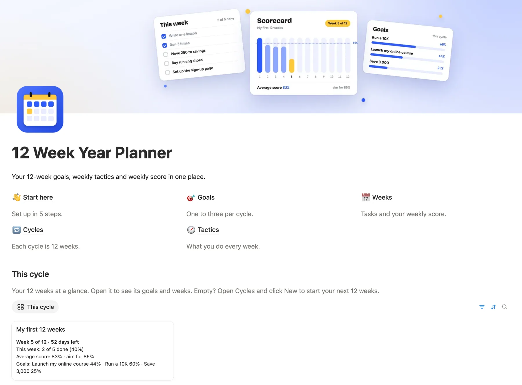 The home page of the Notion 12 week planner with the This cycle card in week 5 of 12
