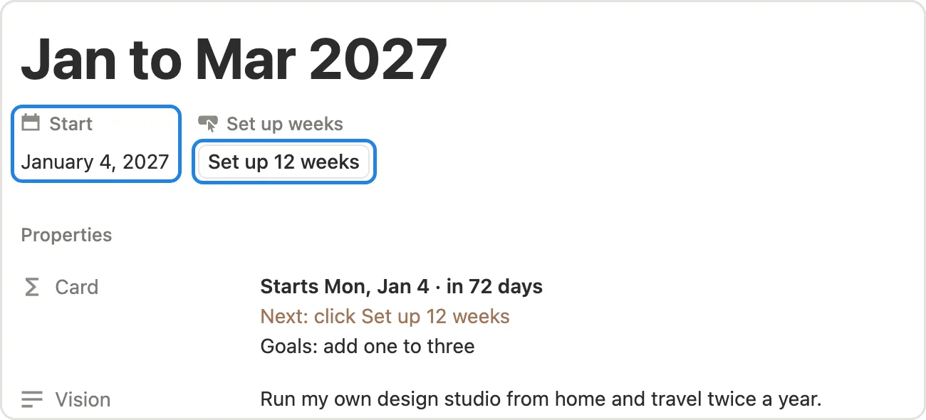 A new cycle page with its Start date and the Set up 12 weeks button marked