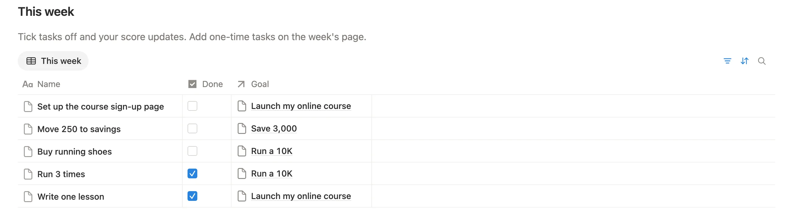 Five tasks for this week such as Run 3 times and Move 250 to savings, each with its goal