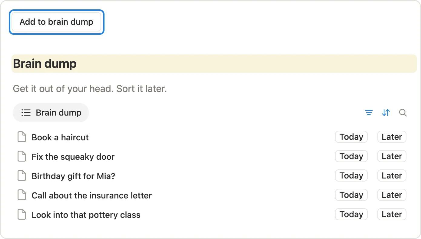 The Add to brain dump button and the Brain dump list on the main page