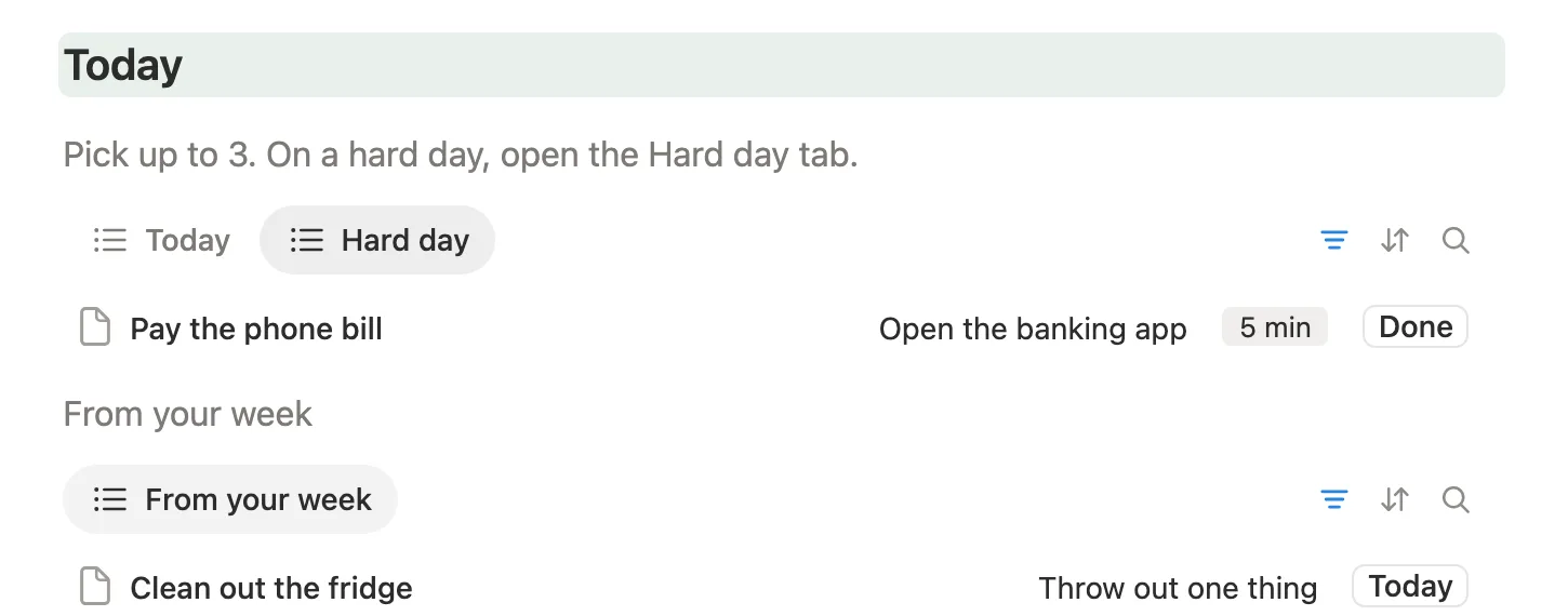 The Hard day tab showing a single task, Pay the phone bill, with its first step and a Done button