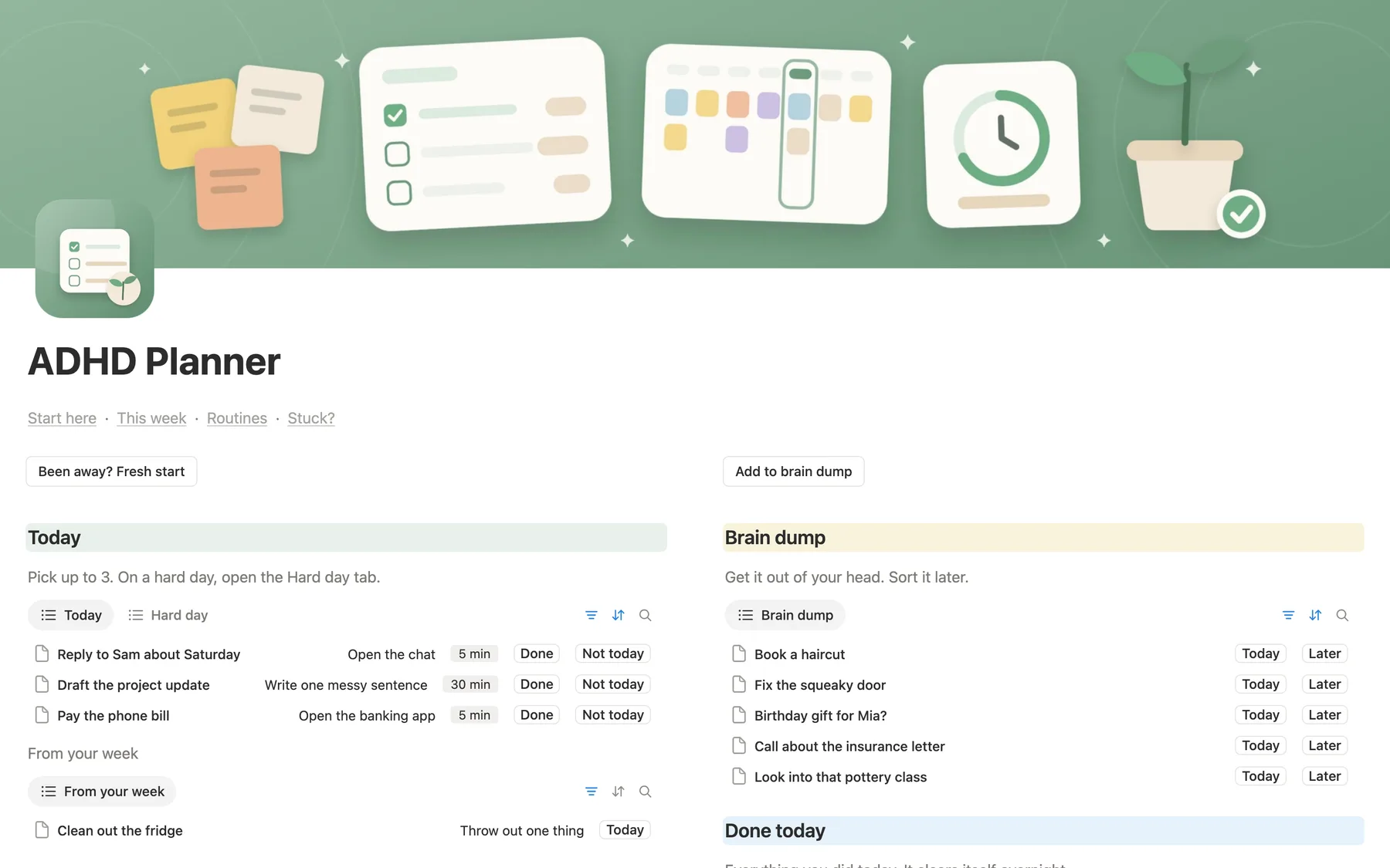 The main page of the Notion ADHD planner: a calm green cover, Fresh start and Add to brain dump, Today and the brain dump