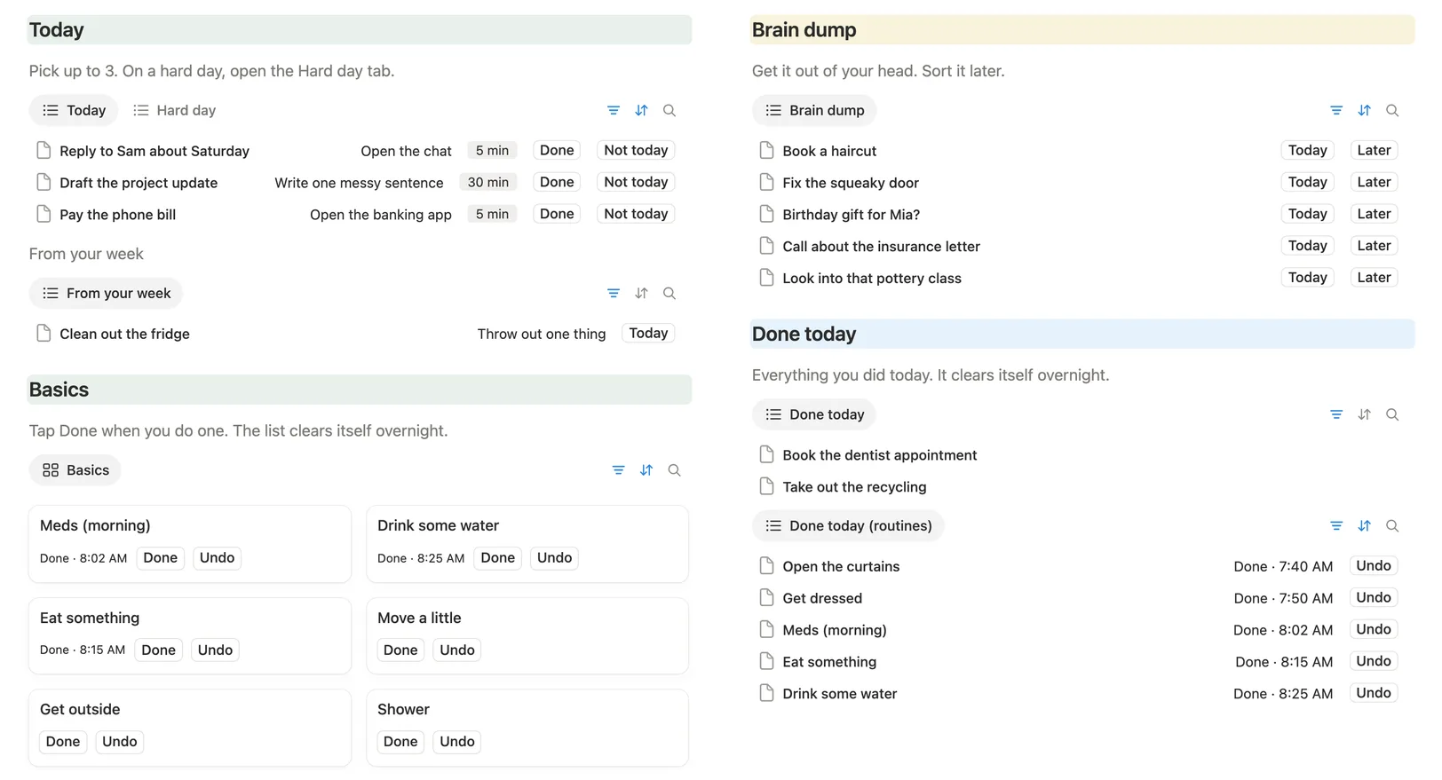 The main page with three tasks in Today, five thoughts in the brain dump and the Basics with their Done times