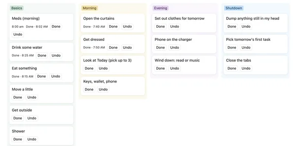 The routines board with Basics, Morning, Evening and Shutdown lists and the time each one was done
