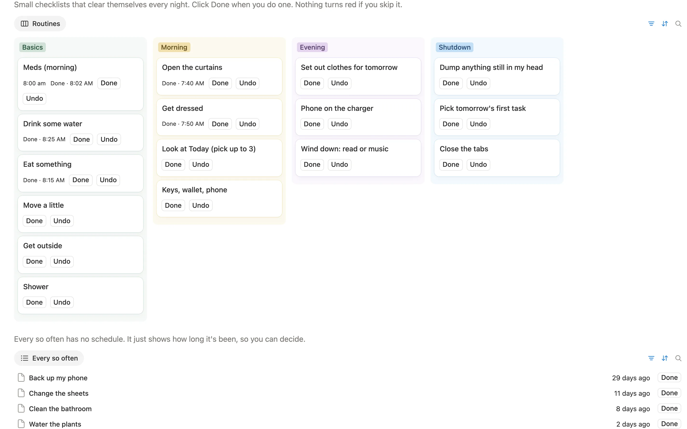 Routines in Basics, Morning, Evening and Shutdown columns, and Every so often with days since each one