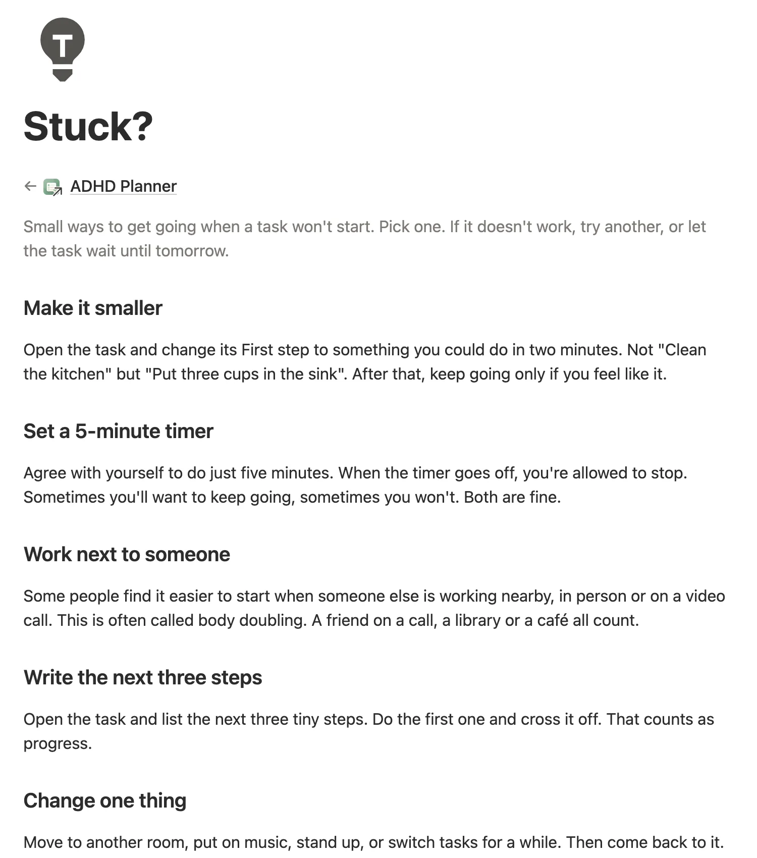The Stuck? page with ideas like Make it smaller, Set a 5-minute timer and Work next to someone