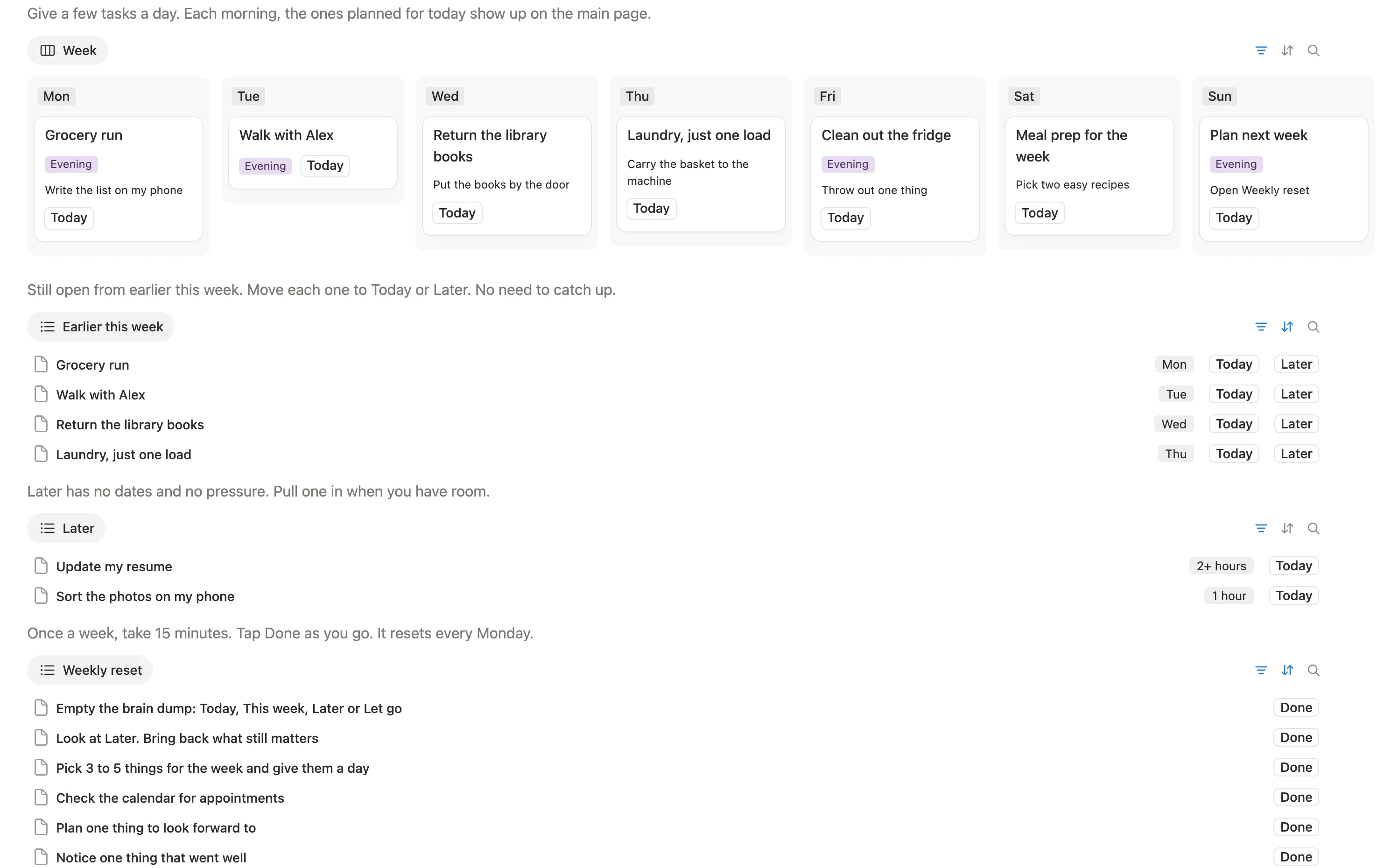 This week as a board from Monday to Sunday, then Earlier this week, Later and the Weekly reset checklist