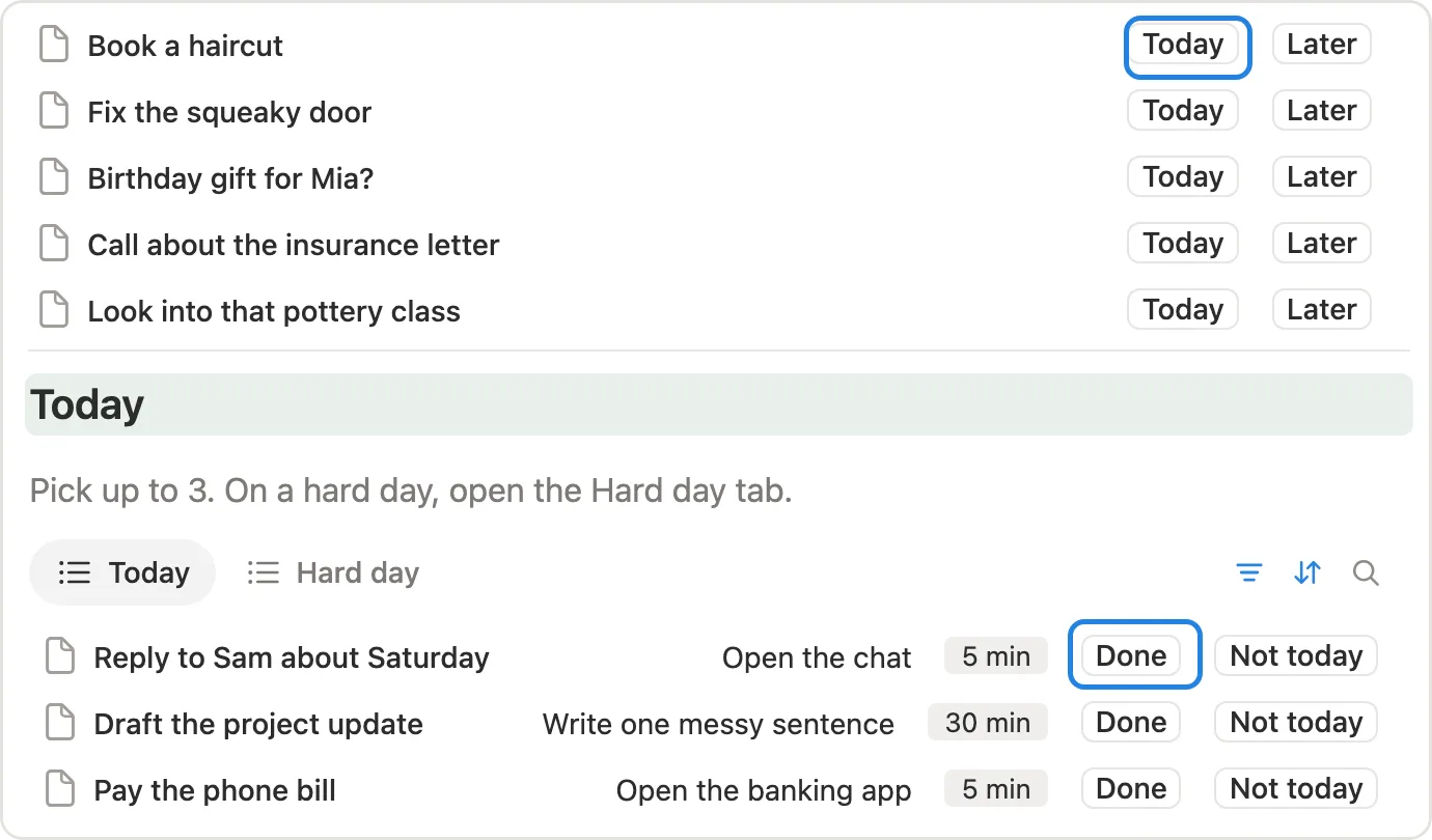 Done and Not today buttons on the tasks in the Today list