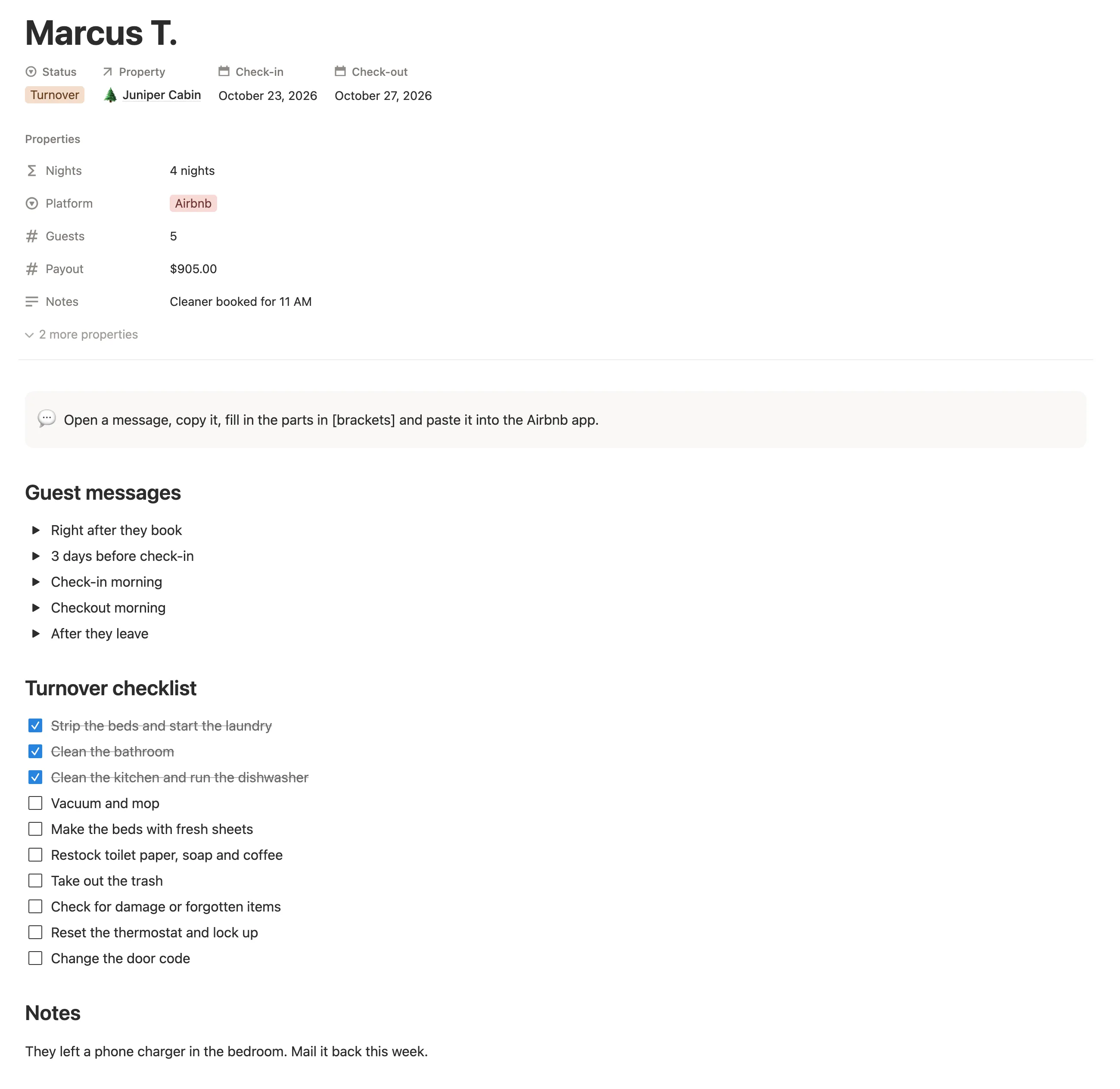 A booking in Turnover with its dates, payout, guest messages and a turnover checklist three tasks in