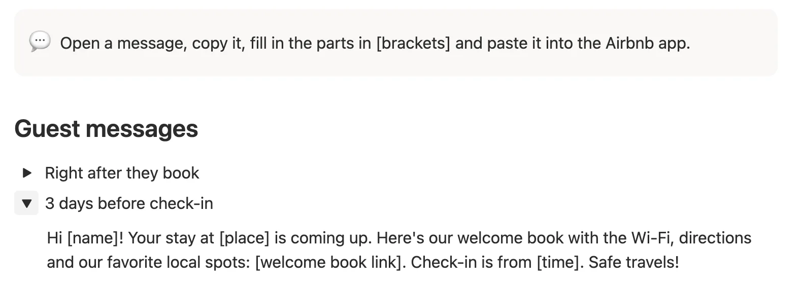 The 3 days before check-in message opened, with blanks for the name, place, welcome book link and time