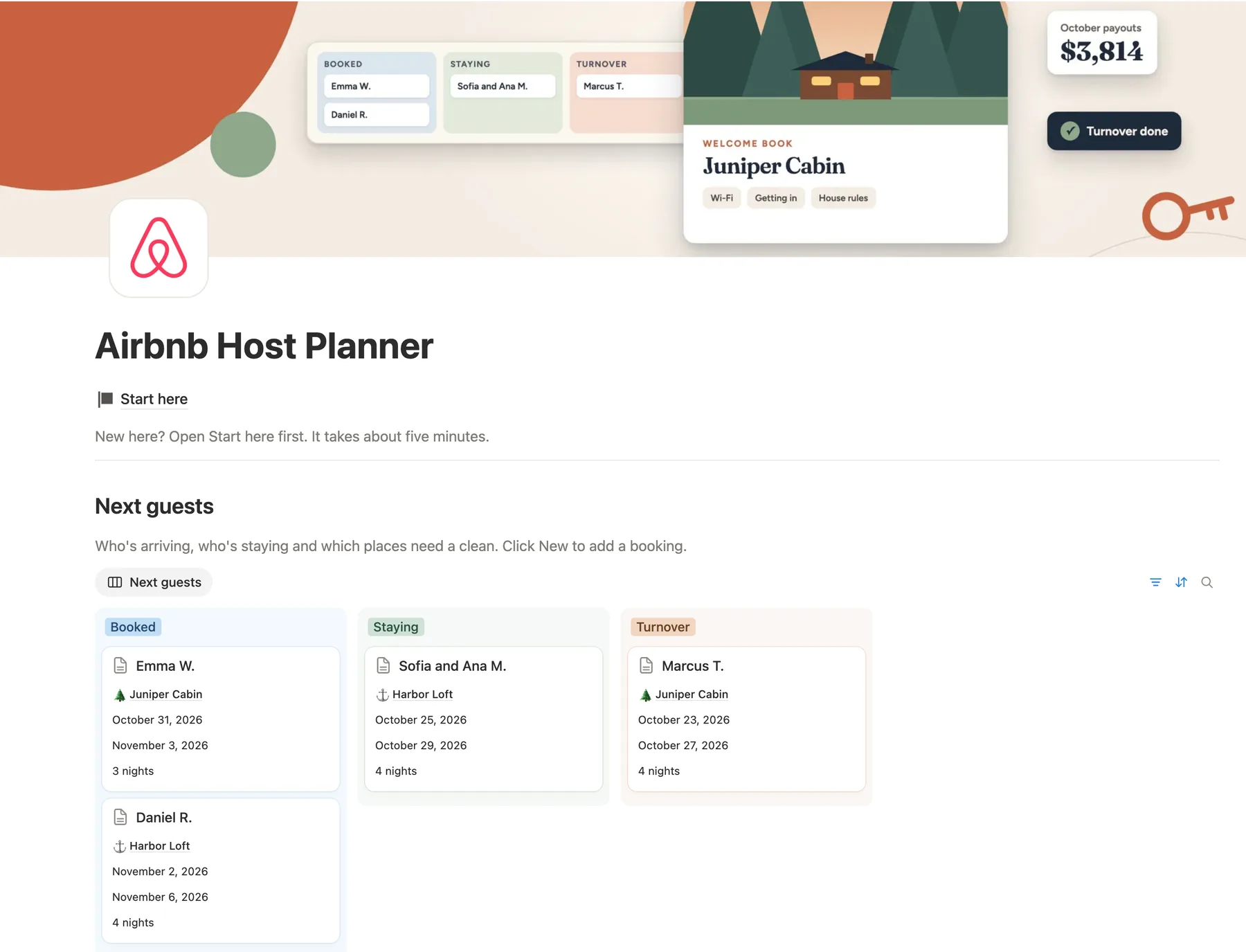 Top of the Notion Airbnb template: a welcome book card, October payouts and Turnover done on its cover, then Next guests