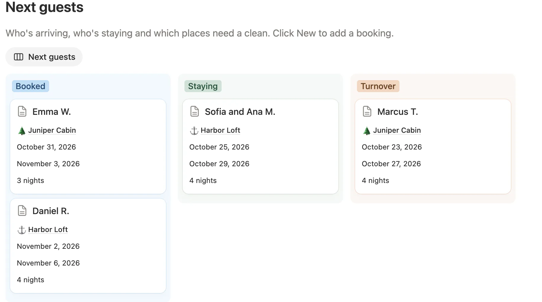 Next guests with two bookings in Booked, one in Staying and one in Turnover