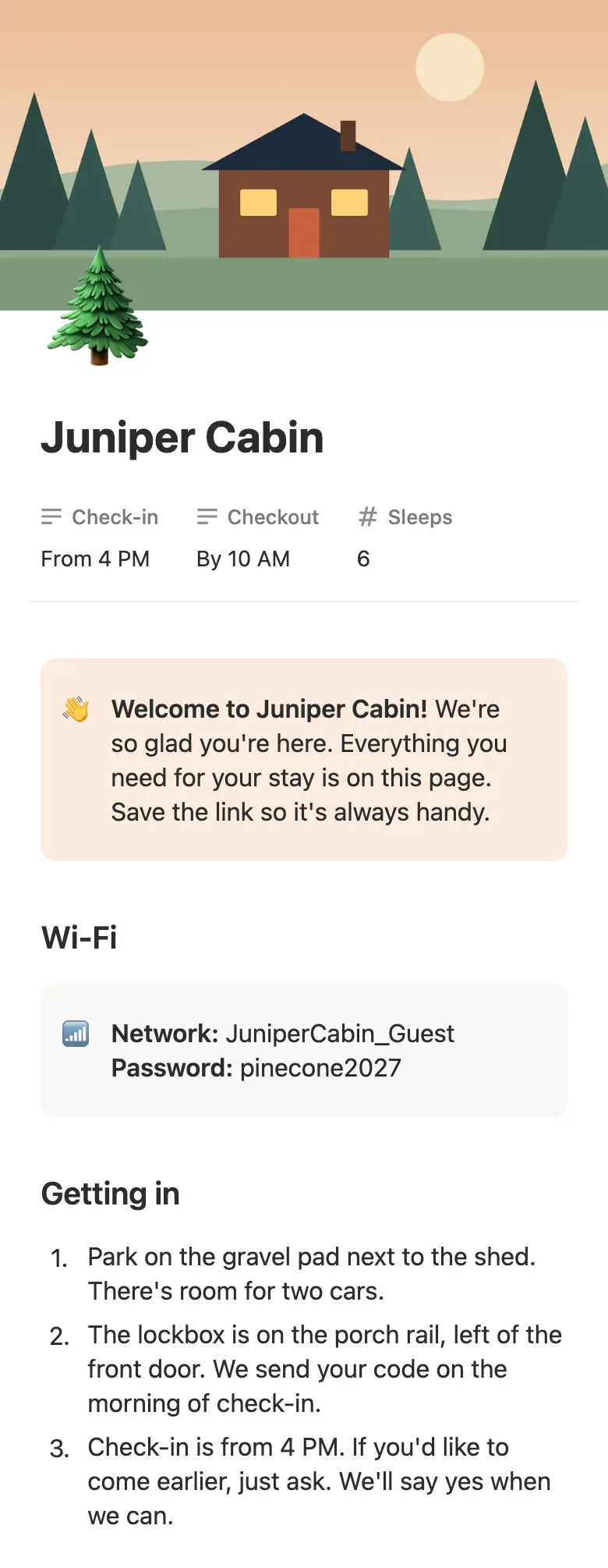 The Juniper Cabin welcome book on a phone