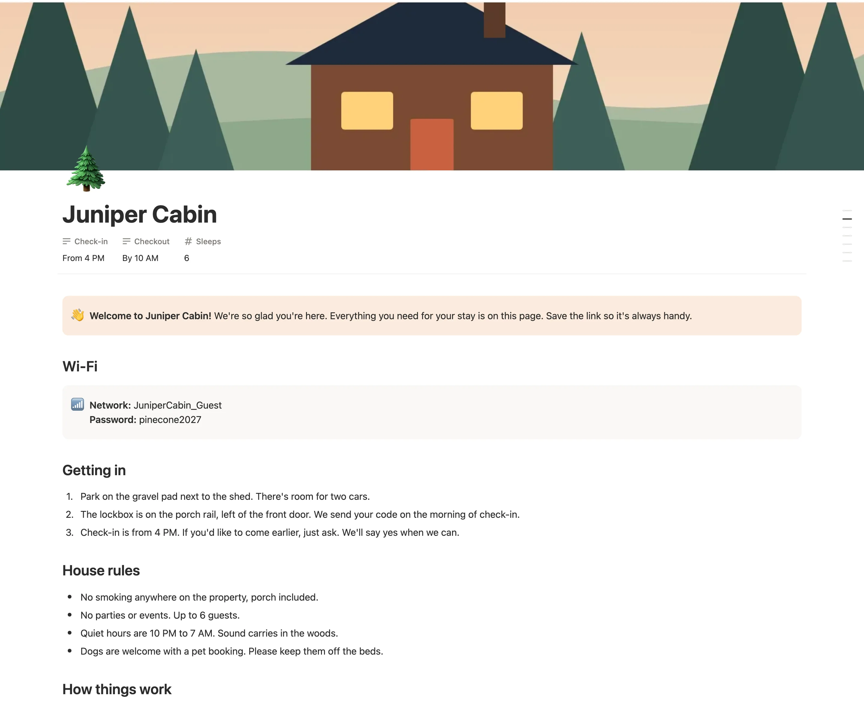 The Juniper Cabin welcome book with check-in times, a welcome note, Wi-Fi, getting in and house rules