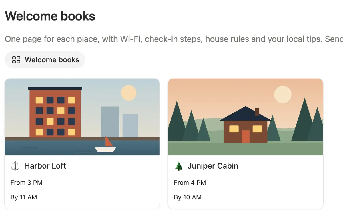Two welcome book cards, Harbor Loft and Juniper Cabin, with their check-in and checkout times