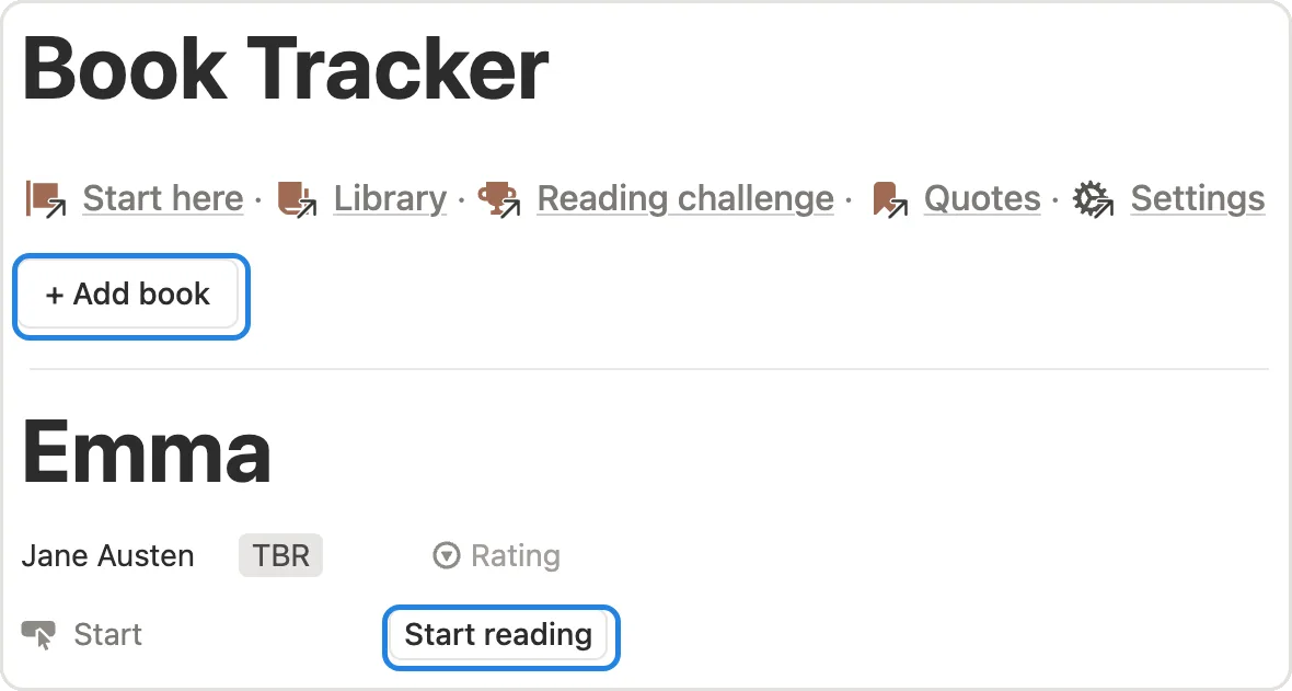 The + Add book button and Start reading on a new book marked
