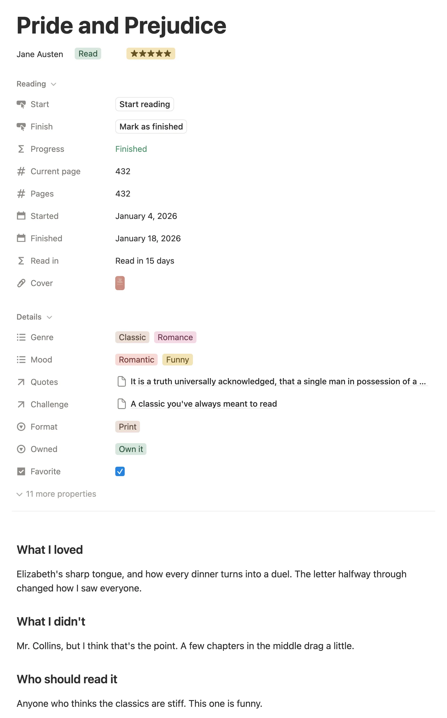 The Pride and Prejudice page with status, dates, rating, mood and a short review