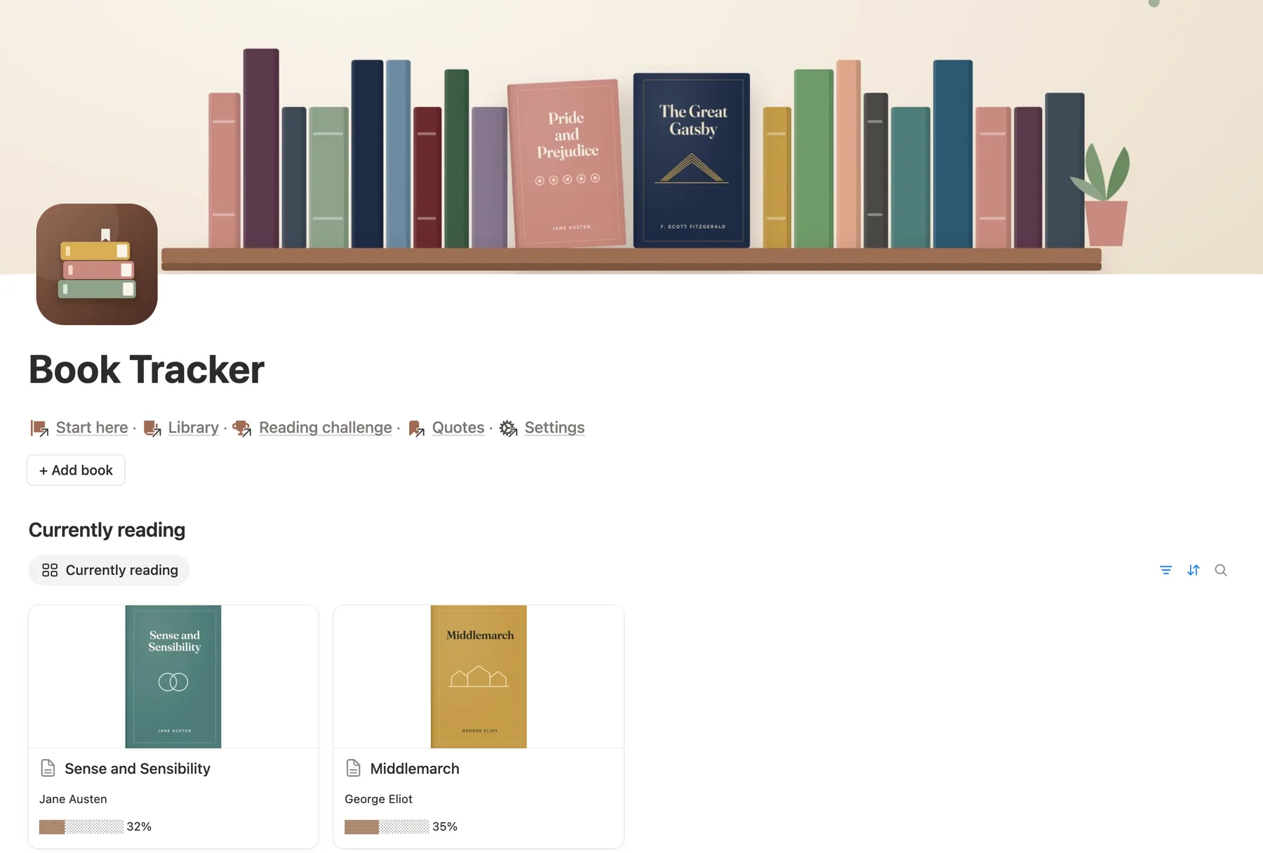 The main page of the Notion book tracker with Currently reading and progress bars