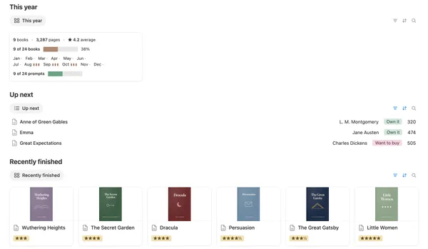 The This year card with books, pages and rating above Up next and recently finished books