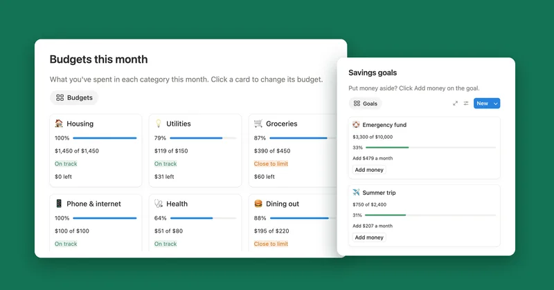 Budgets this month and savings goals in the Notion budget tracker template for 2027