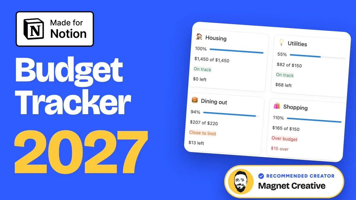 Cover of the 60 second video tour of the Notion budget tracker template for 2027