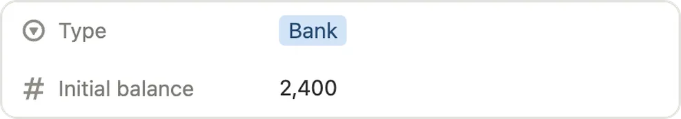 Account fields: Type set to Bank and an initial balance of 2,400
