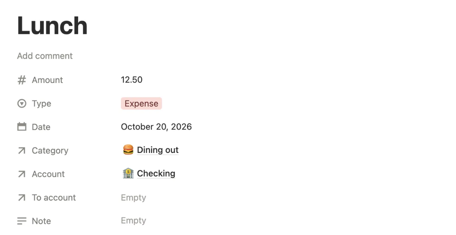 A new expense called Lunch: 12.50 from Checking, in Dining out, dated October 20, 2026