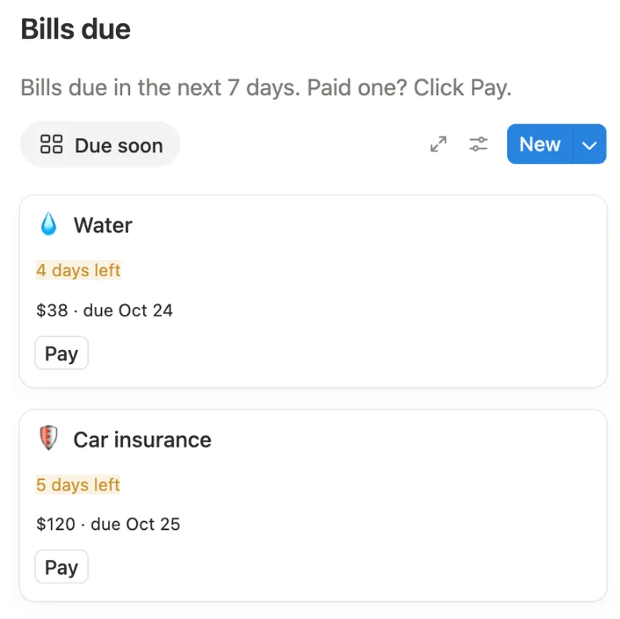 Bills due with Water in 4 days and Car insurance in 5 days, each with a Pay button