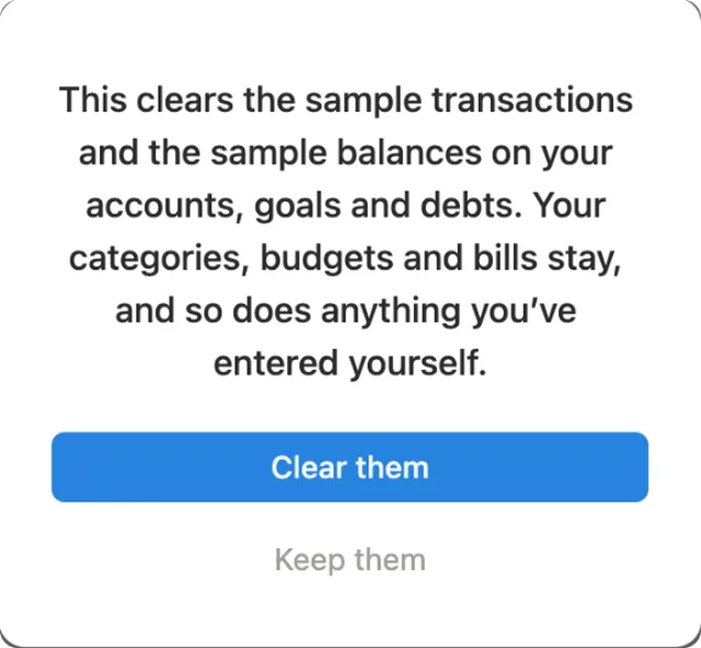 Confirm box for Clear sample data, with Clear them and Keep them buttons