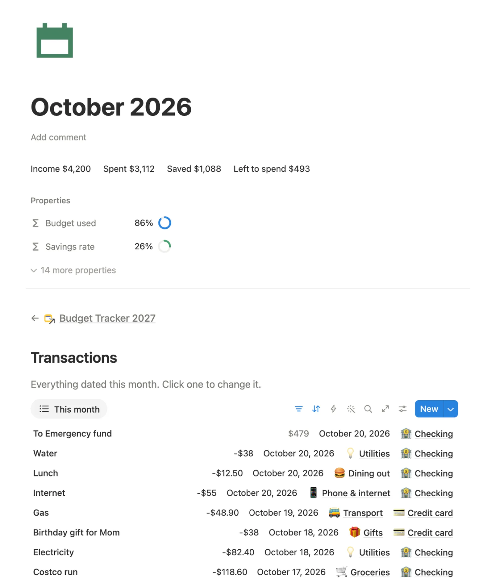 October 2026 page with income, spending, savings, budget used and the month’s transactions