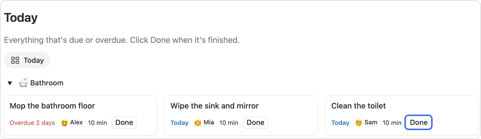 The Done button on a Today card marked