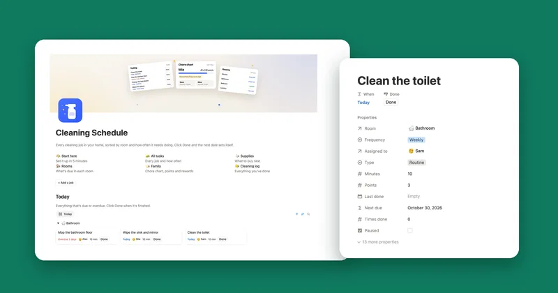 The Cleaning Schedule main page with Today next to a job page with its Done button