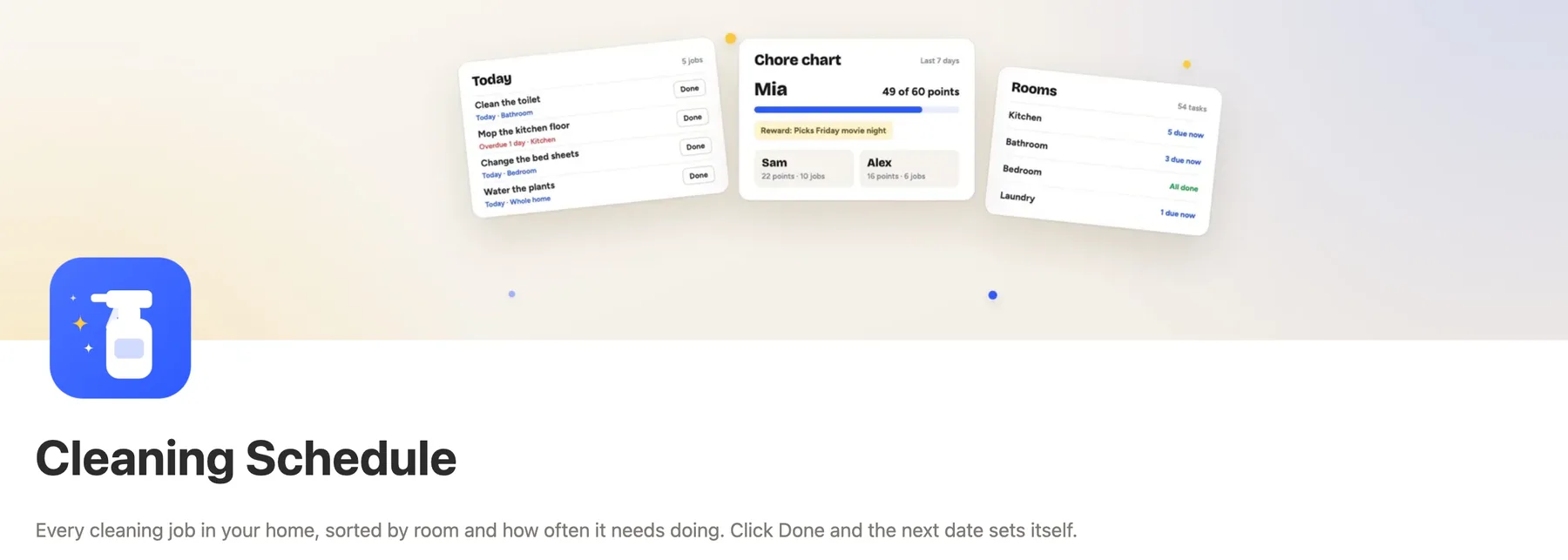 The top of the Notion cleaning schedule main page with its cover, icon and title
