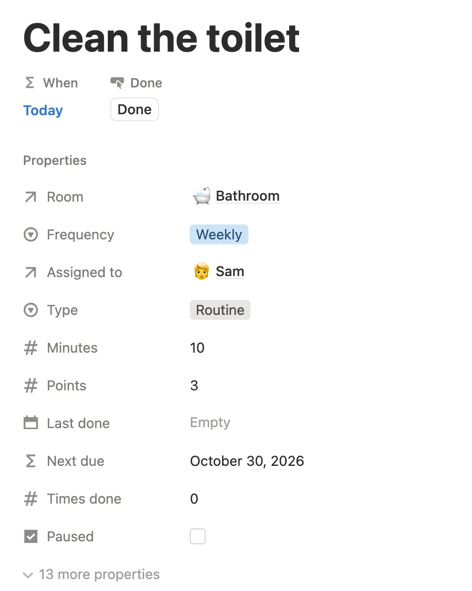 The Clean the toilet job page with Today and a Done button under the name, then its room, frequency and points