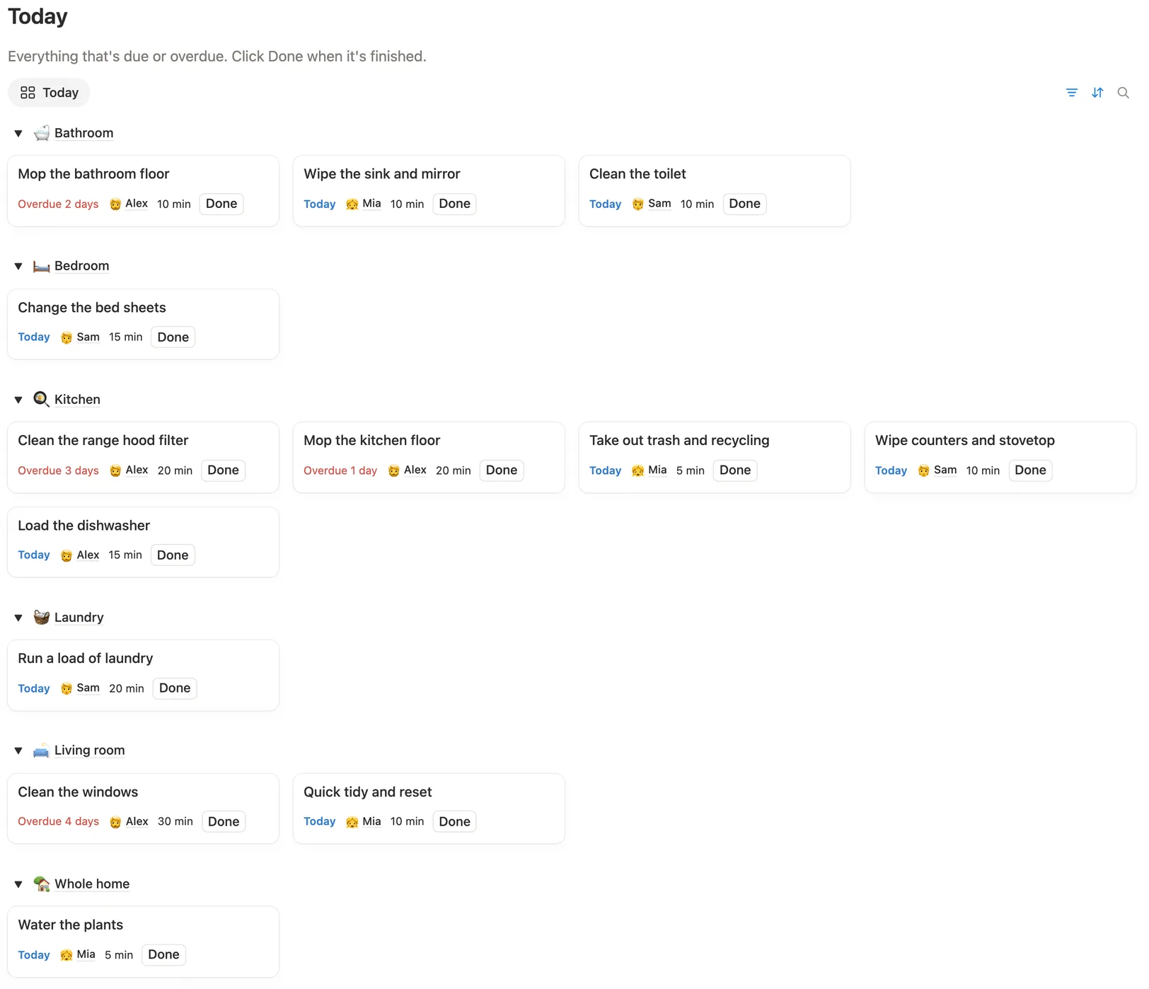Today’s jobs grouped by room, each card with when it’s due, who does it, the minutes and a Done button