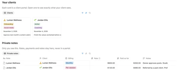 Your clients as two cards, and Private notes with billing, rate and what’s been paid