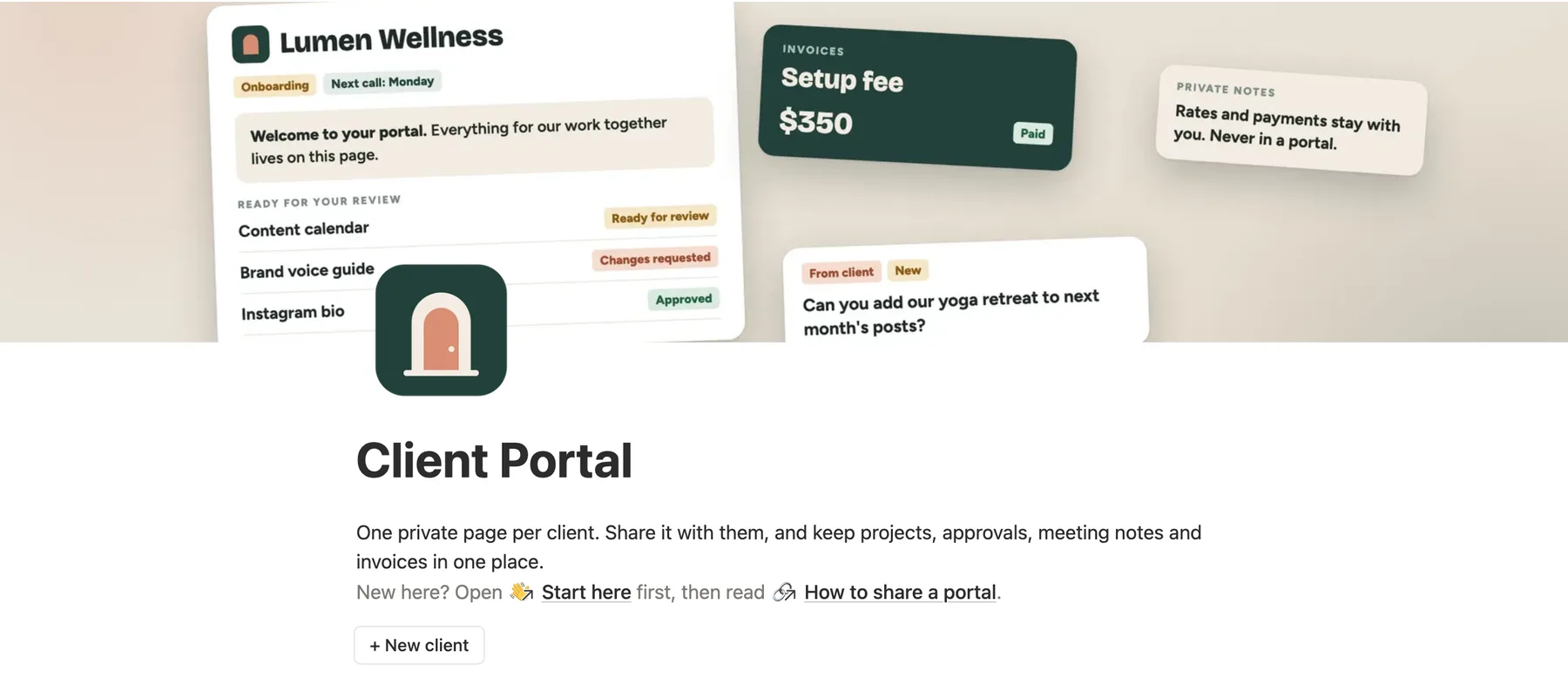 The top of the Notion client portal template with a portal, a paid invoice and a client request on its cover, and the + New client button
