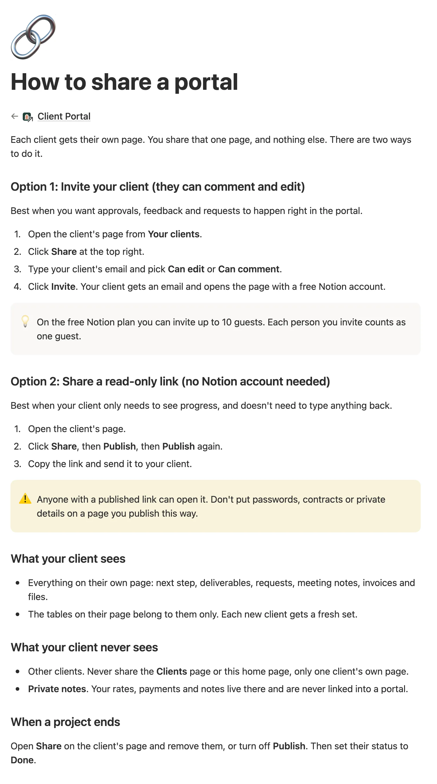 The How to share a portal guide with the invite steps, the read-only link steps and what a client never sees