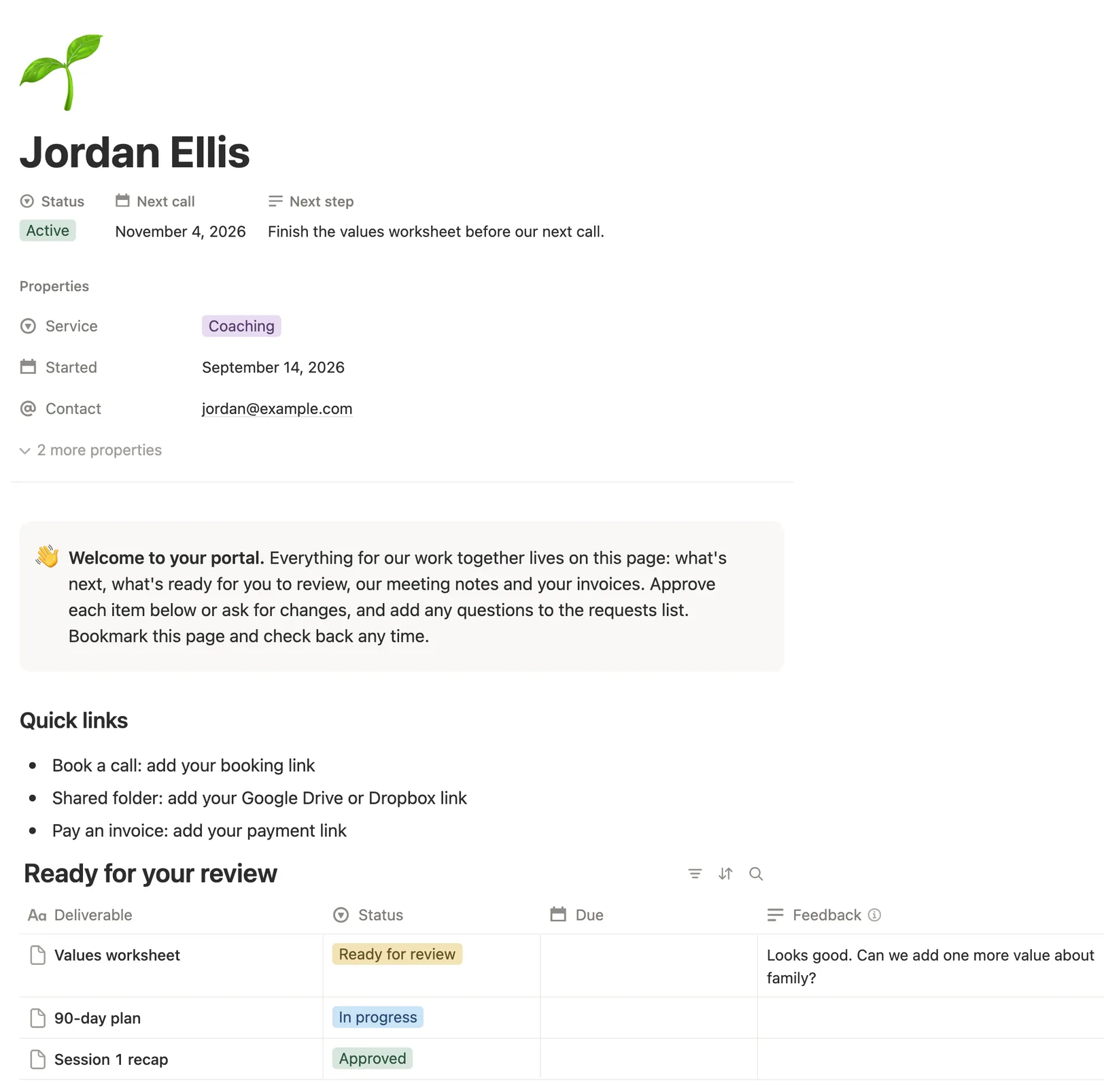 Jordan Ellis’s coaching portal with the next step, a welcome note, quick links and a values worksheet ready for review