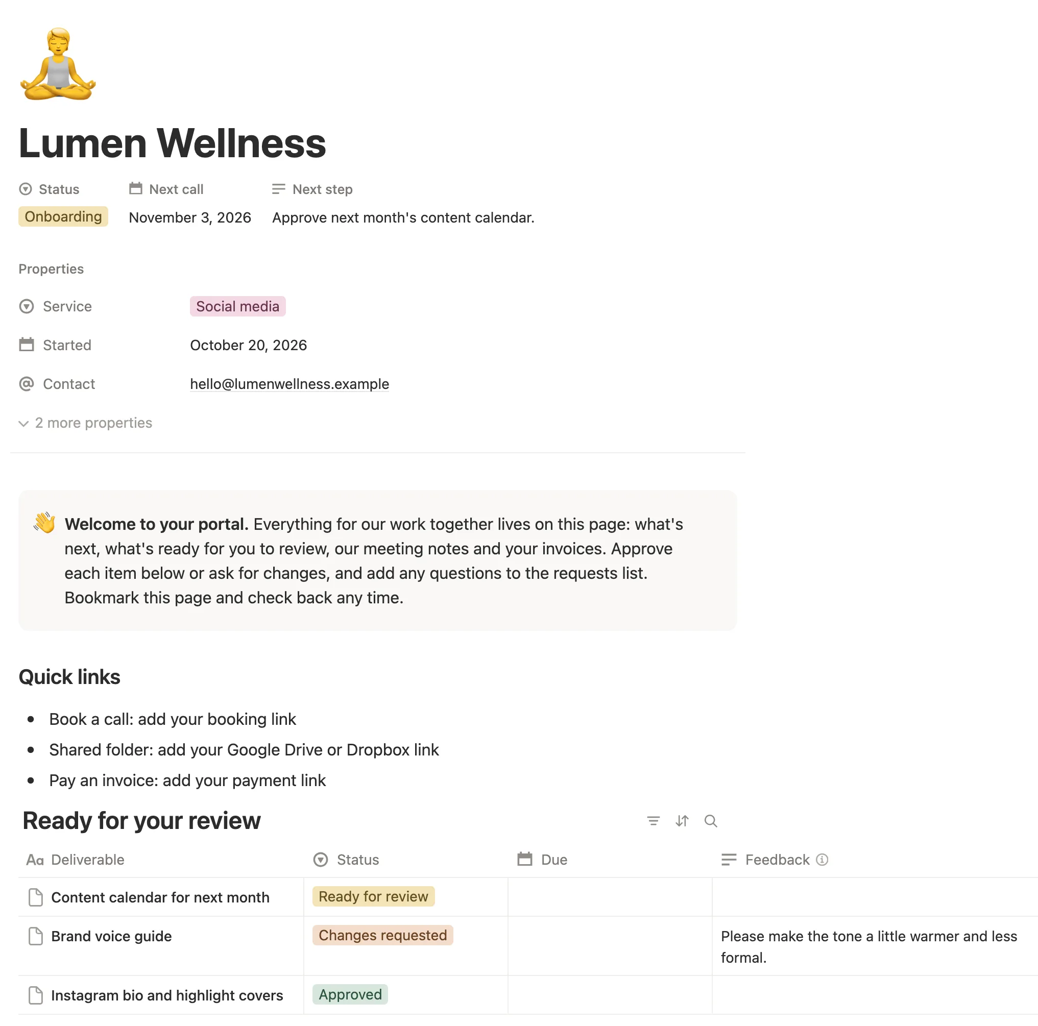 The Lumen Wellness portal with its status, next call, next step, welcome note, quick links and three deliverables to review