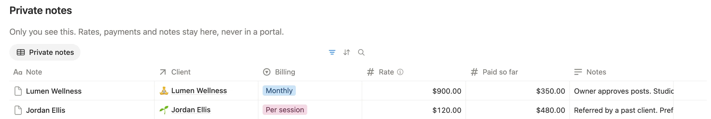 Private notes with monthly and per session billing, the rate and what each client has paid