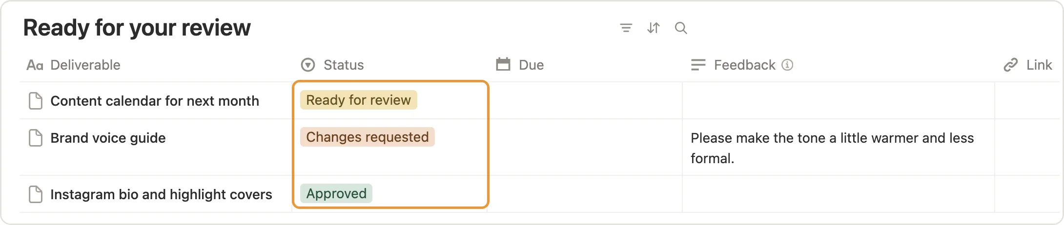The Status column of Ready for your review marked, with Ready for review, Changes requested and Approved