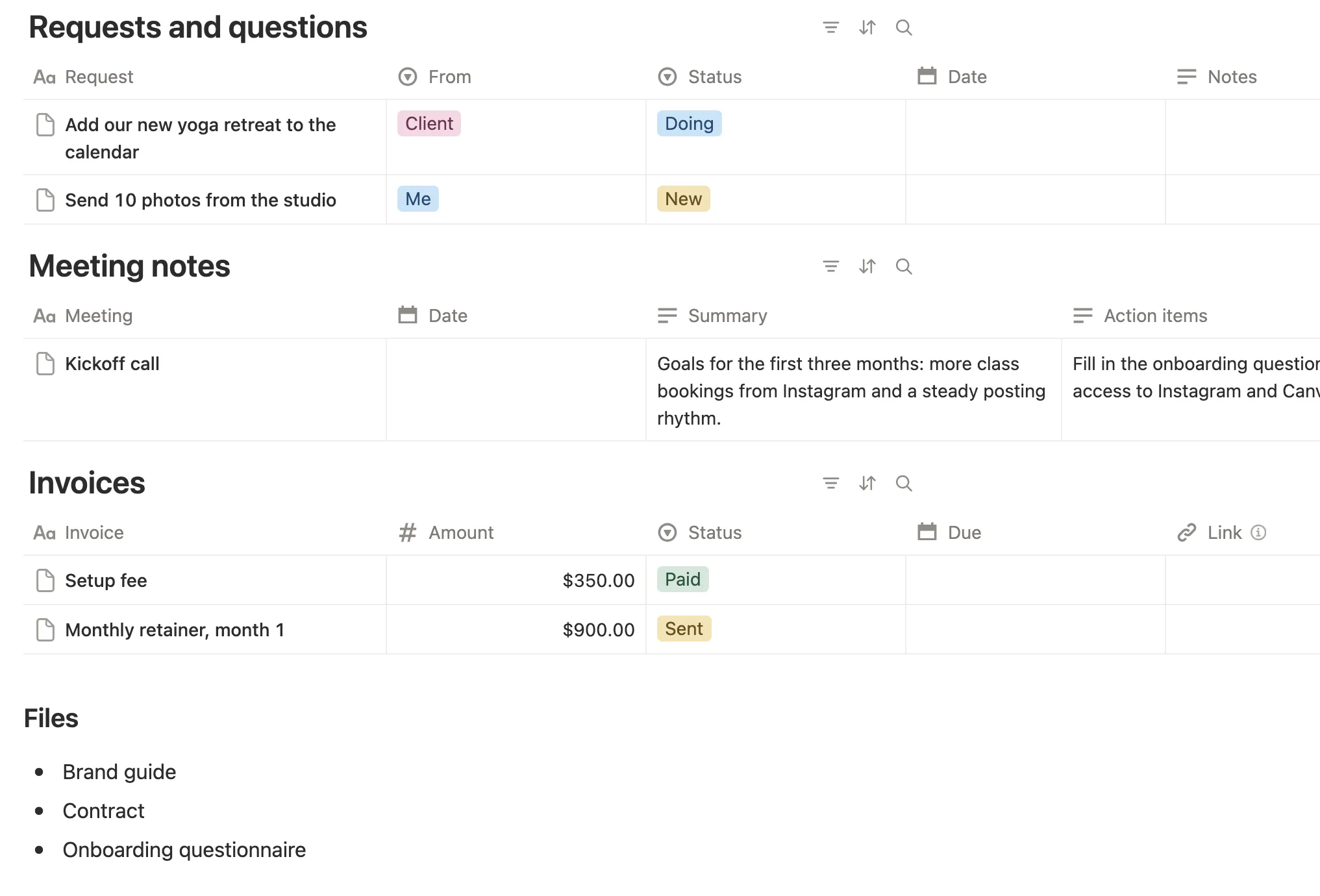 Requests and questions, a kickoff call in Meeting notes, two invoices marked Paid and Sent, and Files