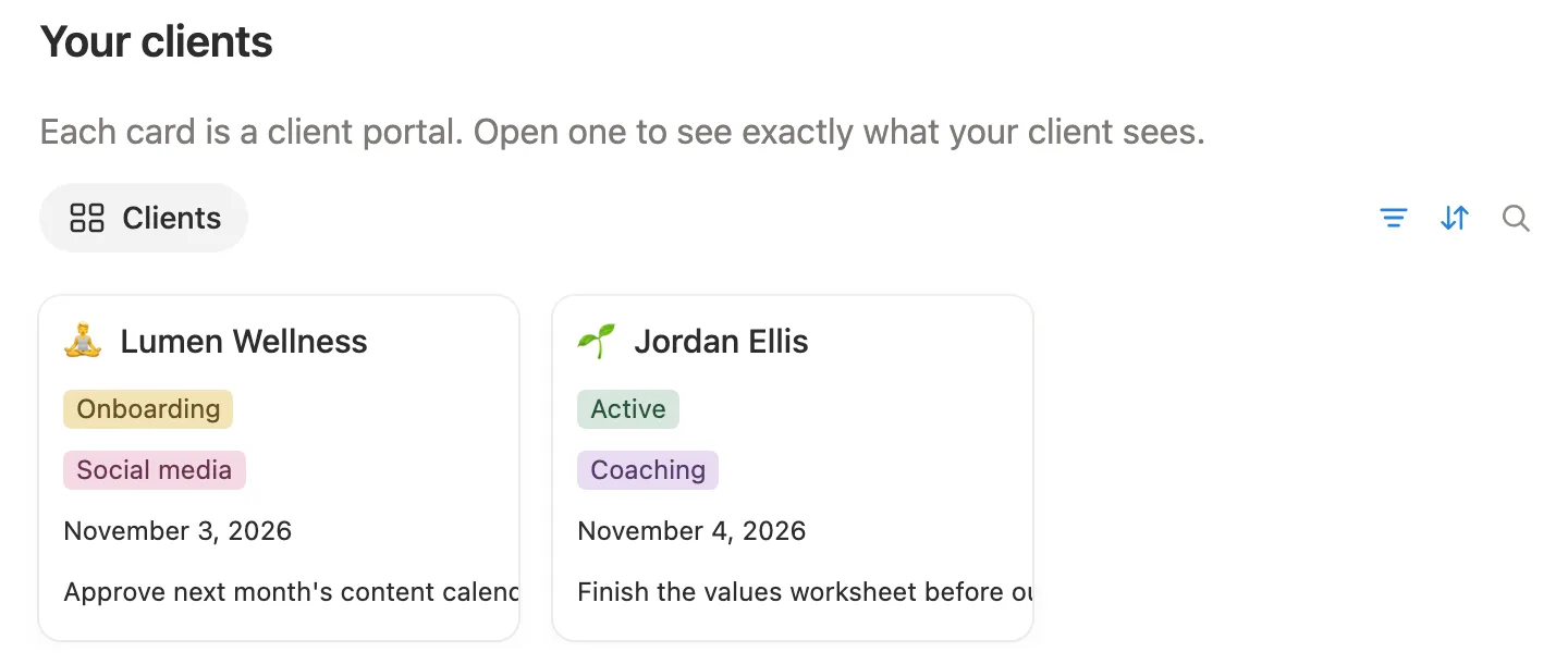 Two client cards with status, service, next call and next step