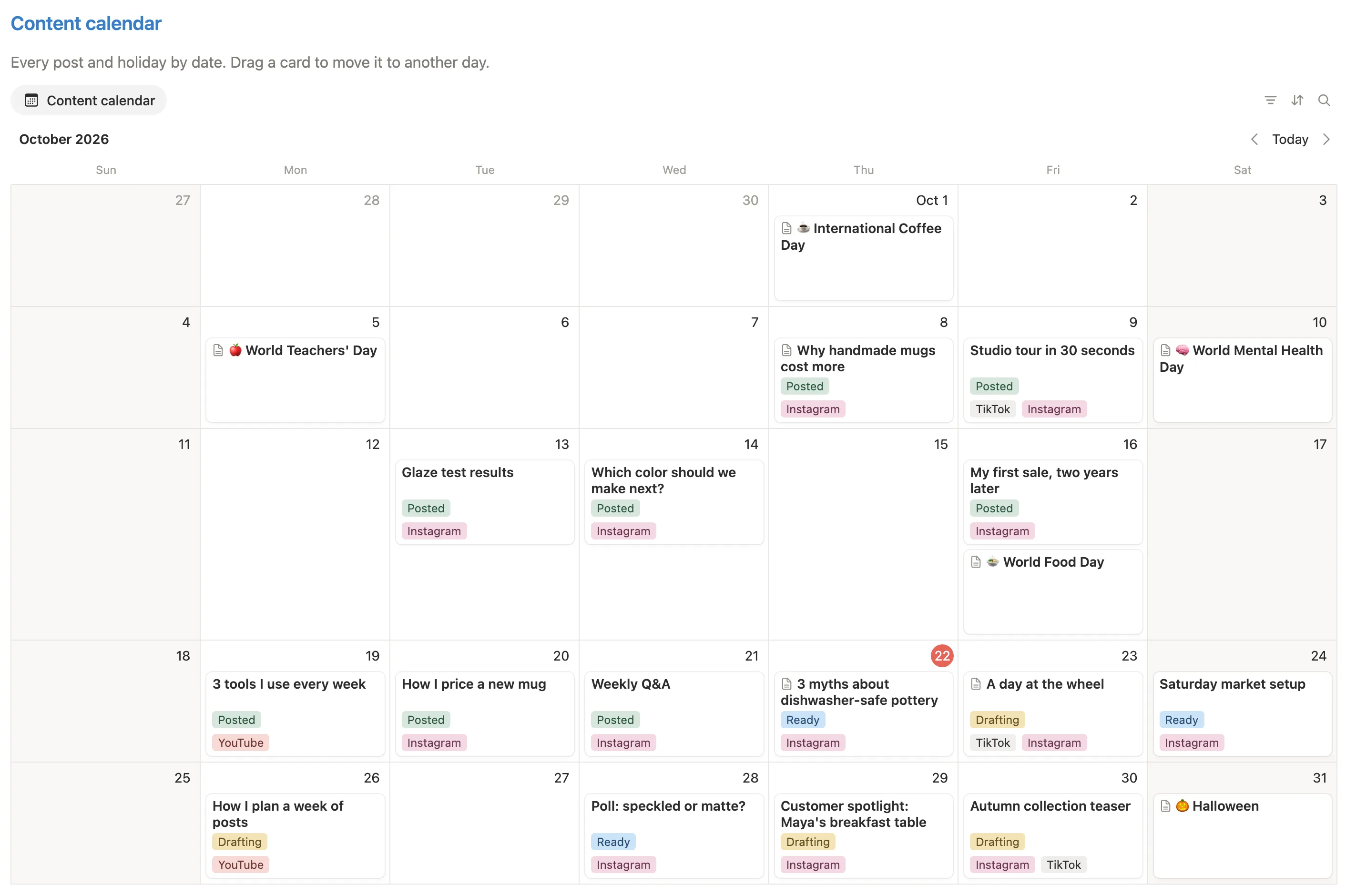 October 2026 calendar with posts like Glaze test results marked Posted, and holidays like World Food Day