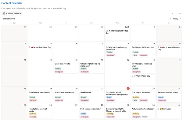 October 2026 on the content calendar with posts and holidays on their days