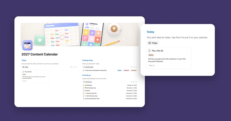 The 2027 Content Calendar main page with today’s post idea, posting today and the holidays coming up