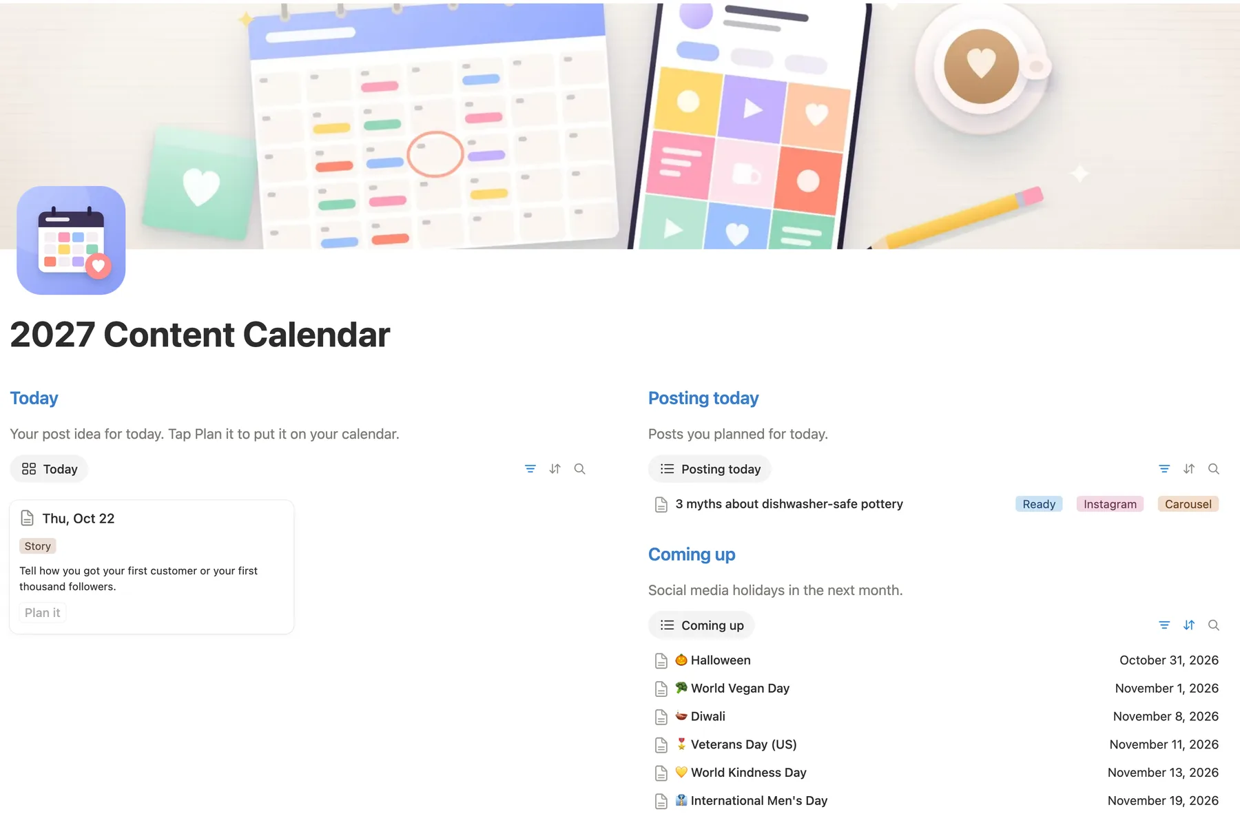 The main page of the Notion content calendar template: today’s idea, posting today and holidays coming up