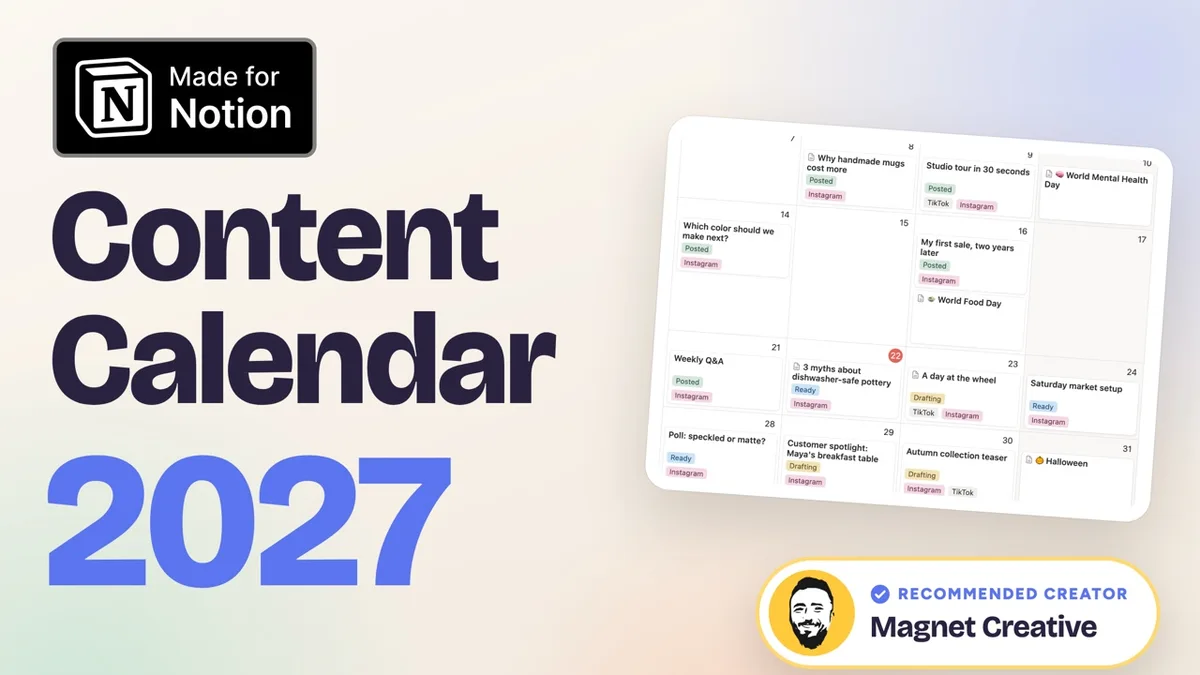Cover of the 47 second video tour of the 2027 Content Calendar for Notion